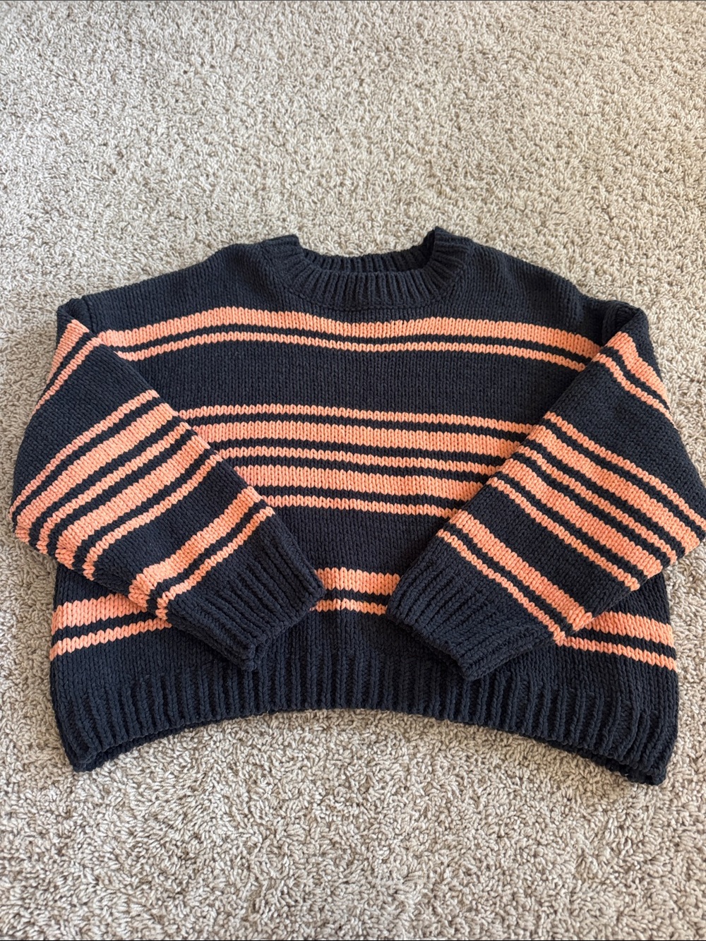 POL Dark Navy & Orange Striped Crewneck Sweater - Women